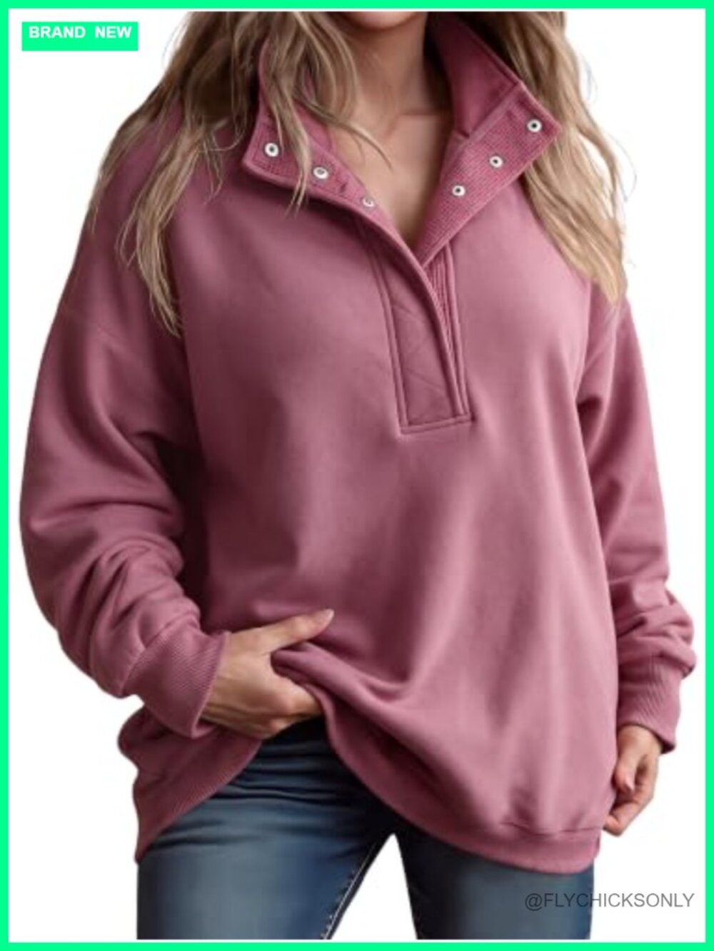 Plus Size Fleece Henley Sweatshirt Oversized Pullover Snap Button